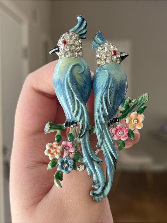 Coro Jewelry - Vintage Coro Book Piece Parrot Duette Love Birds Blue Enamel Brooch Fur Clip Pin